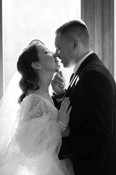 Silhouettes de la mariée et le marié à la lumière du soleil à travers le verre dans la porte. — Photo