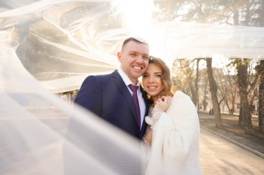 Mutlu ve romantik gelin ve damat peçenin altında. 