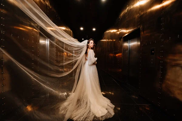 Hermosa novia en un vestido elegante blanco, con un velo va por un pasillo oscuro — Foto de Stock
