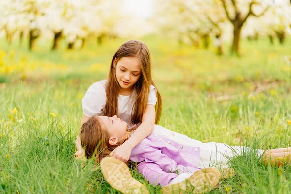 Dwie długowłose siostry na trawniku w ogrodzie z kwitnącymi drzewami. — Zdjęcie stockowe