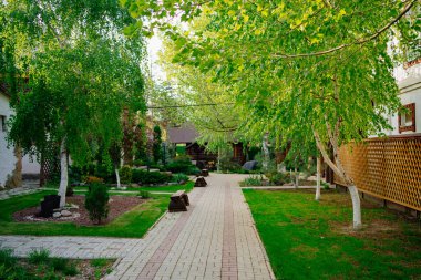 Kırsal bir köydeki evlerin çimlerinin arasında yol var.. 