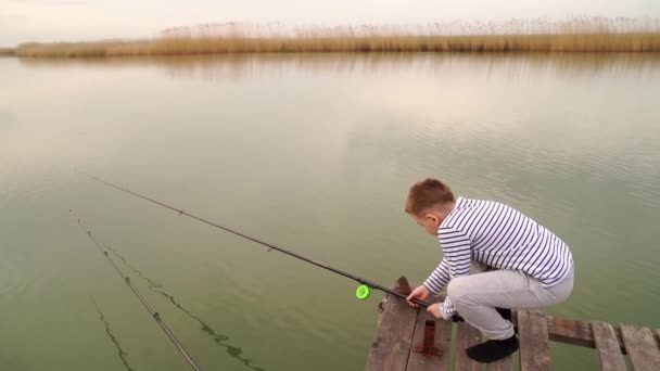 Un ragazzo su un ponte di legno e cattura un pesce sulla canna da pesca. — Video Stock