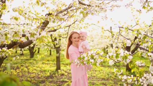 開花期の庭で子供を持つ母親。左のクリップを持つ子供の手術. — ストック動画