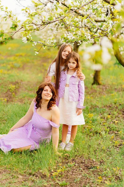 mom and two daughters. A family in a blossoming spring garden.