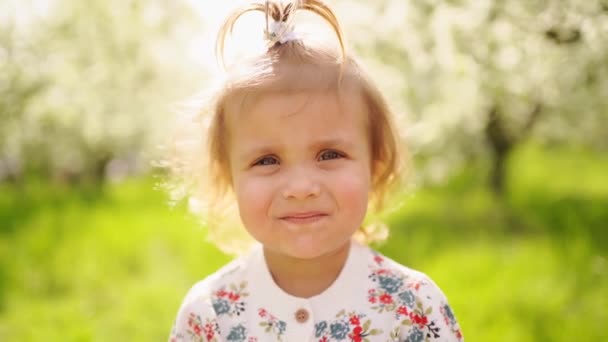 Pequeña linda chica en el césped verde en el parque. feliz infancia — Vídeos de Stock