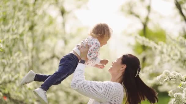 Maman filant avec une fille dans les bras dans le parc près d'un arbre à fleurs. — Video