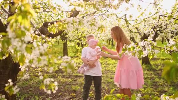 春の庭で息子と娘と幸せのお母さん. — ストック動画