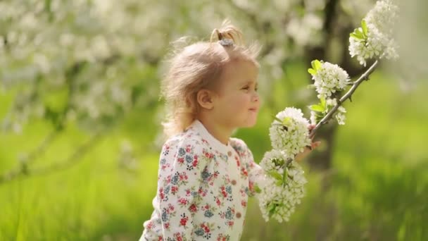 Niña linda en el árbol de flores en el jardín. alergias estacionales en niños. — Vídeo de stock