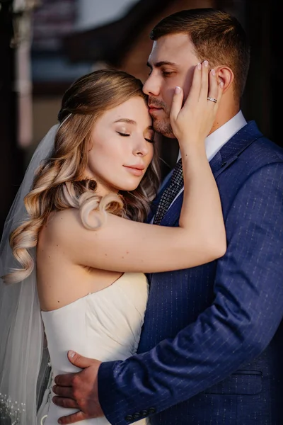 The gentle bride and groom. beautiful and romantic newlyweds. — Stock Photo, Image