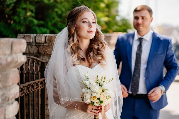 Yeni evlilerin ilk buluşması. Gelin ve damat eski çitlerin orada. — Stok fotoğraf