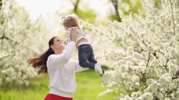 Mama rotindu-se cu o fiică în brațele ei în parc de un copac înflorit . — Videoclip de stoc