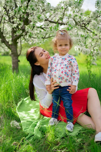 Мама с дочерью на пикнике на лужайке в парке возле цветущего дерева. — стоковое фото