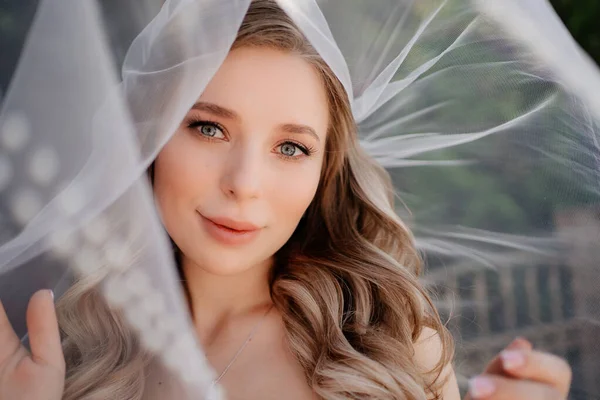 Hermosa novia con el pelo ondulado largo bajo el velo. Maquillaje de boda. — Foto de Stock