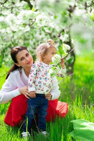 Anne ve küçük kızı parktaki çimenlikte çiçek açan bir ağacın yanında.. 