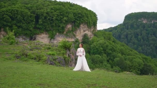 Bröllopsfotografering i bergen. bruden står i bergen. — Stockvideo