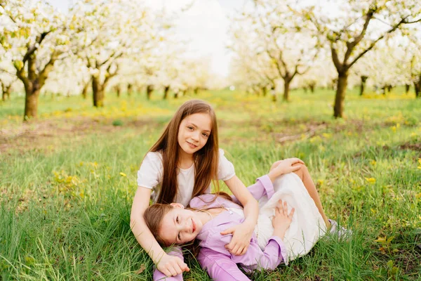 Dos niñas hermanas en el césped en el jardín con árboles florecientes. —  Fotos de Stock