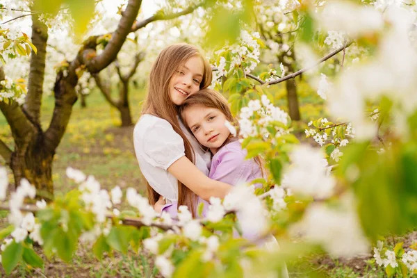 İki kız kardeş bahçede çiçek açan ağaçlarla eğlenip kucaklaşıyorlar.. — Stok fotoğraf