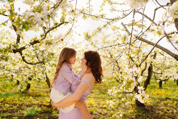 Maman et fille. famille en violet vêtu en floraison jardin de printemps. — Photo