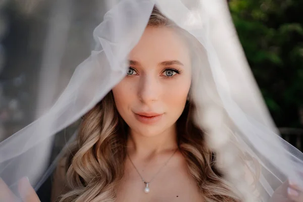 Красива наречена з довгим хвилястим волоссям під завісою. Весільний макіяж . — стокове фото