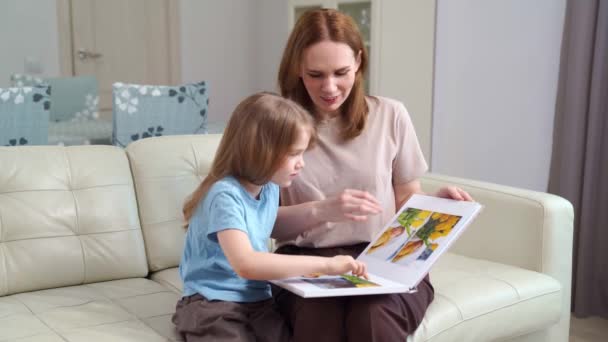 Madre e hija mirando un libro con fotos de una sesión de fotos de la familia — Vídeo de stock