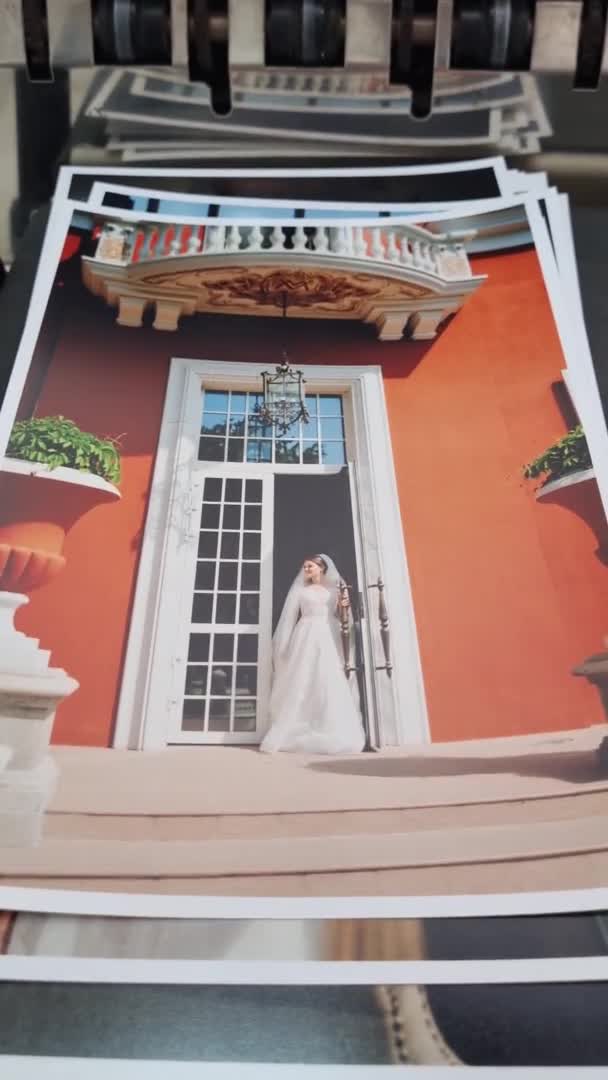 Ovanifrån. kemisk utskrift av bilder från bröllopet i fotolaboratoriet. — Stockvideo