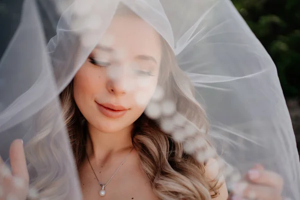 beautiful bride with long wavy hair under the veil. Wedding make-up.