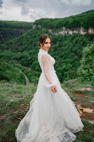 view from back. woman in a wedding dress posing in mountains. clothes for bride