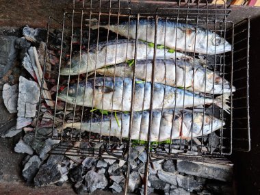 Izgaradaki alabalık. Kömürde balık pişirmek.