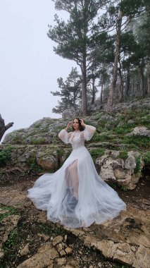 Gelin dağ ormanında bir kayanın üzerinde duruyor..