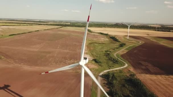 Parques eólicos operam no campo agrícola. — Vídeo de Stock