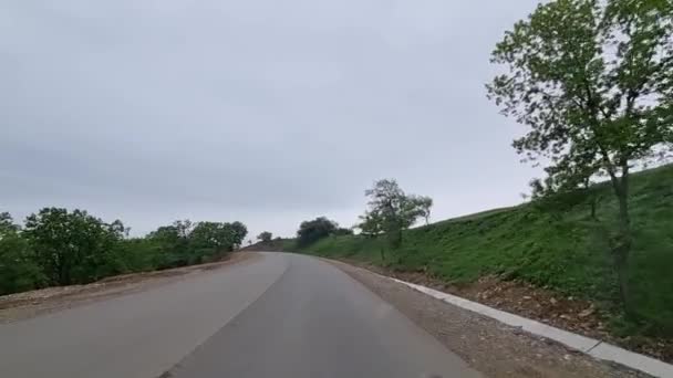 Video disparando a través del parabrisas del coche. largo viaje en carretera autoestop. — Vídeos de Stock