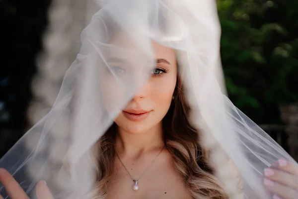 Красива наречена з довгим хвилястим волоссям під завісою. Весільний макіяж . — стокове фото