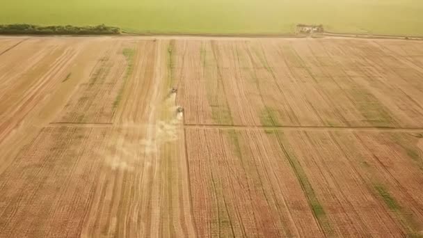 Pohled shora. Letní zemědělská pole během sklizně. traktory a kombinuje práci. — Stock video
