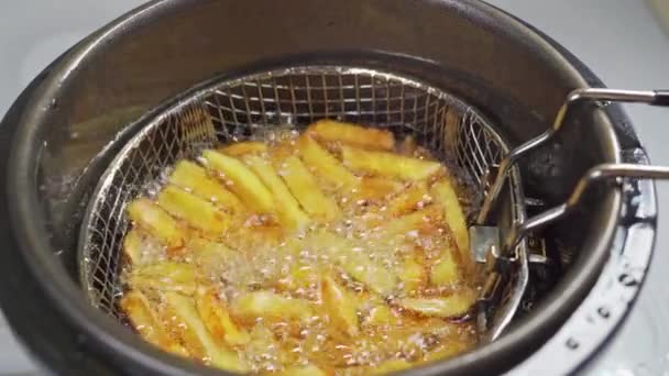 Um cesto de batatas é retirado da fritadeira. cozinhar batatas fritas — Vídeo de Stock