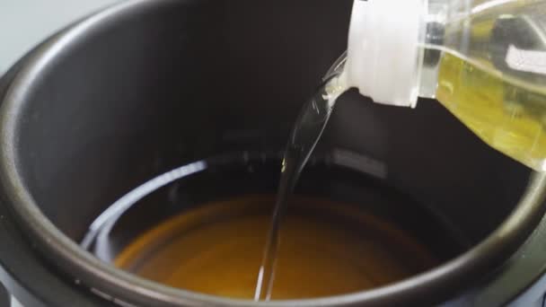 Vegetabilisk olja hälls i en kastrull med fritös. — Stockvideo