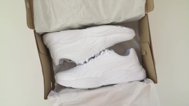 Nuevas zapatillas blancas en la caja. Actualización de vestuario. Estilo, moda, imagen — Vídeos de Stock