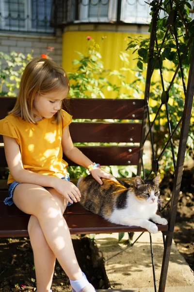 Petite fille coups chat errant assis sur un banc avec un bel aménagement paysager — Photo