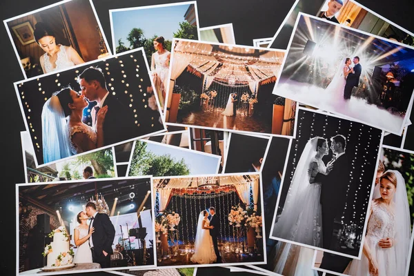 Spread out wedding photos. the result of the photographers work at the wedding. — Stock Photo, Image