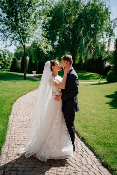 Omhelzen in het park. geliefden en gelukkige bruid en bruidegom. romantiek en tederheid — Stockfoto