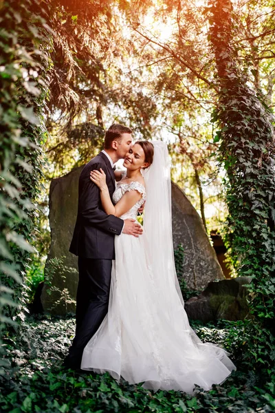 Felices recién casados por los árboles en el park.bride y el novio en un paseo por la naturaleza —  Fotos de Stock