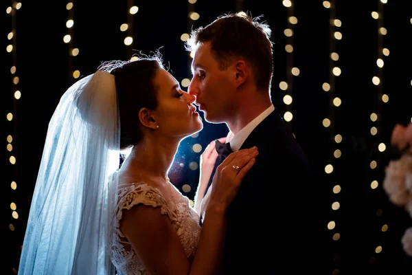 Mariée et marié à la cérémonie de mariage du soir dans le parc parmi les ampoules — Photo