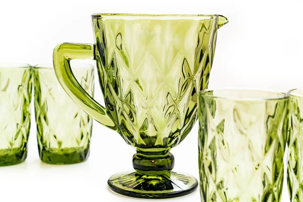 Green glass carafe and glasses for drinks. set of tableware — Stock Photo, Image