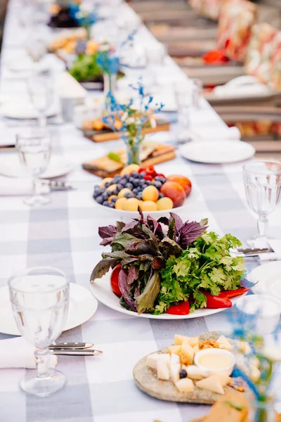 Ünnepi asztalt szolgáltam fel rágcsálnivalókkal. nyaralás a szabadban. saláta, gyümölcs és sajt — Stock Fotó