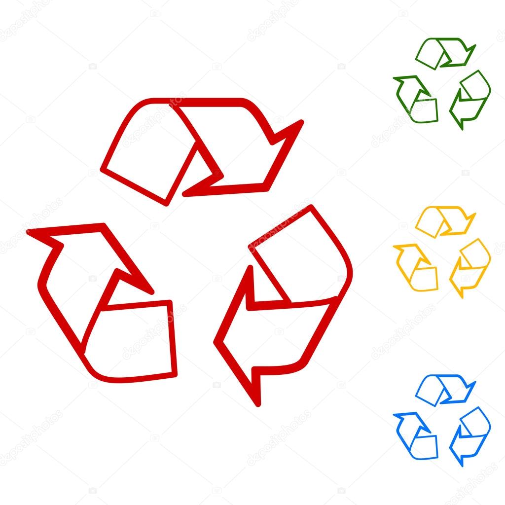 Recycle logo concept. Set of line icons. Red, green, yellow and blue on white background.