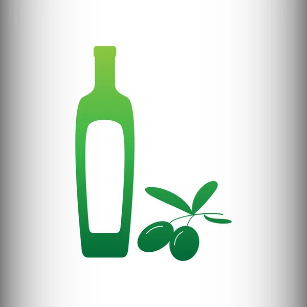 Ramo de azeitonas pretas com sinal de garrafa de azeite — Vetor de Stock