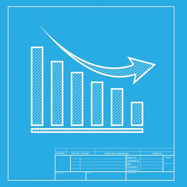 Dalende grafiek teken. Wit gedeelte van pictogram op blauwdruk sjabloon. — Stockvector