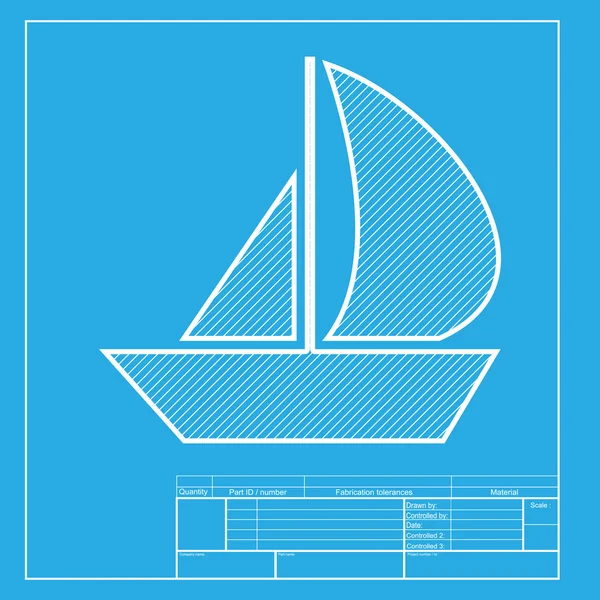 Sail Boat sign. White section of icon on blueprint template. — Stock Vector