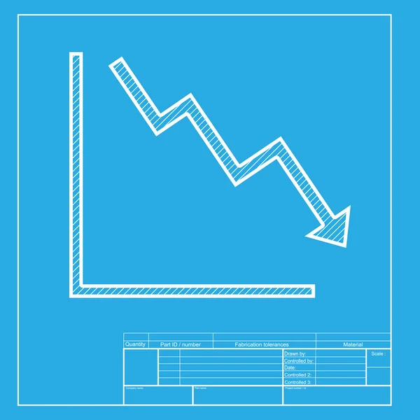 Pijl naar beneden die een crisis toont. Wit gedeelte van pictogram op blauwdruk sjabloon. — Stockvector