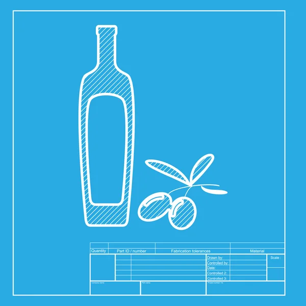 Schwarzer Olivenzweig mit Olivenölflaschenschild. weißer Bereich des Symbols auf der Blaupause-Vorlage. — Stockvektor