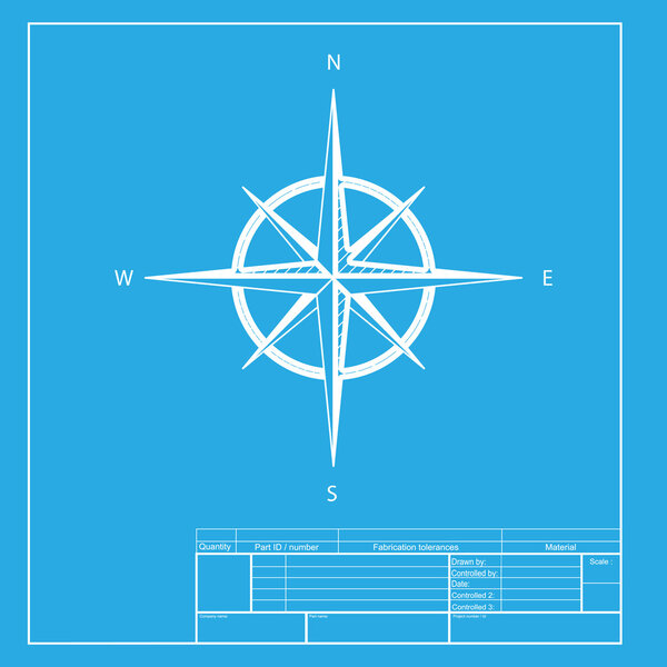Wind rose sign. White section of icon on blueprint template.